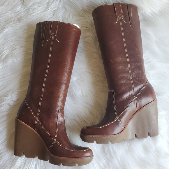 Michael Kors Brown Leather Distressed Knee High Wedge Pull On Boots 8.5 M - Picture 1 of 14